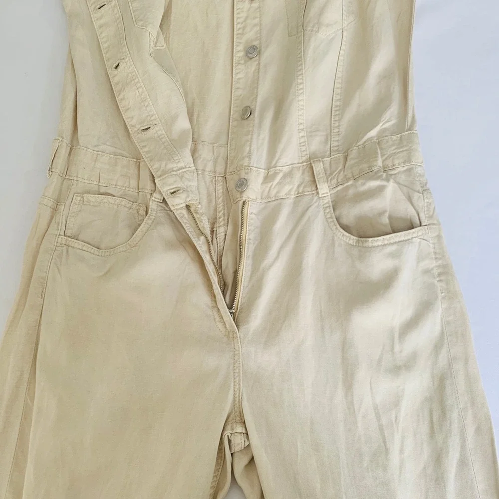 Zara Jumpsuit Women XL Beige Linen Blend Boiler Suit Utility Safari‎ Vacation
